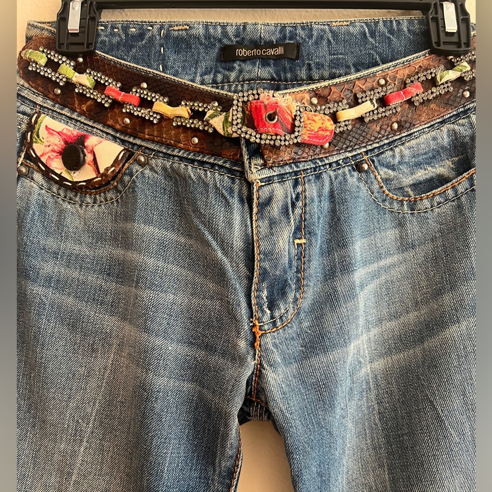 Vintage Roberto Cavalli Blue Women's Jeans Piton Skin Crystal Italy Size 40 - Picture 1 of 16